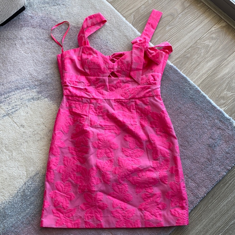 Milly Pink Floral Mini Dress with Bow Detail - Picture 7 of 9